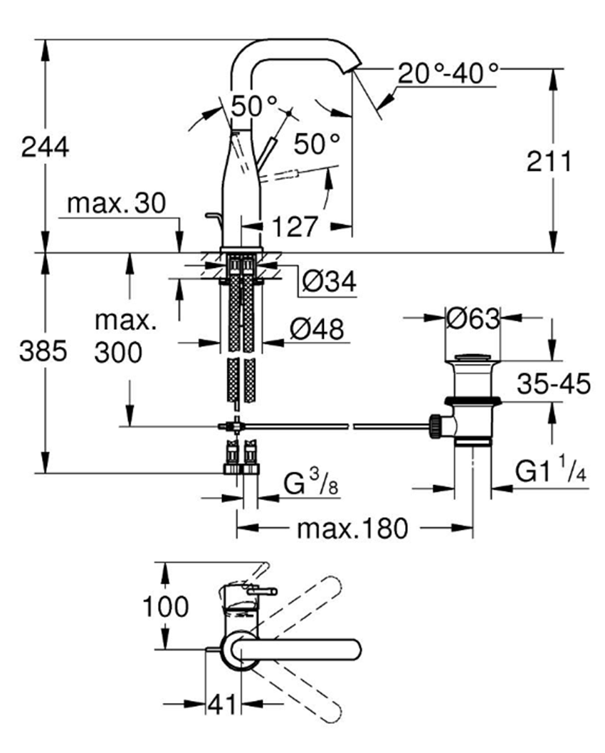 Bateria umywalkowa Grohe Essence 24174DA1 rys techniczny