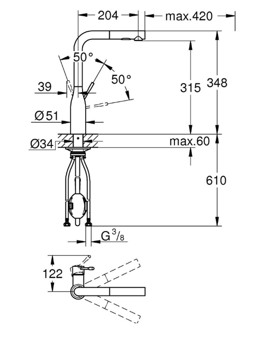Bateria kuchenna Grohe Essence 30504DL0 rys techniczny