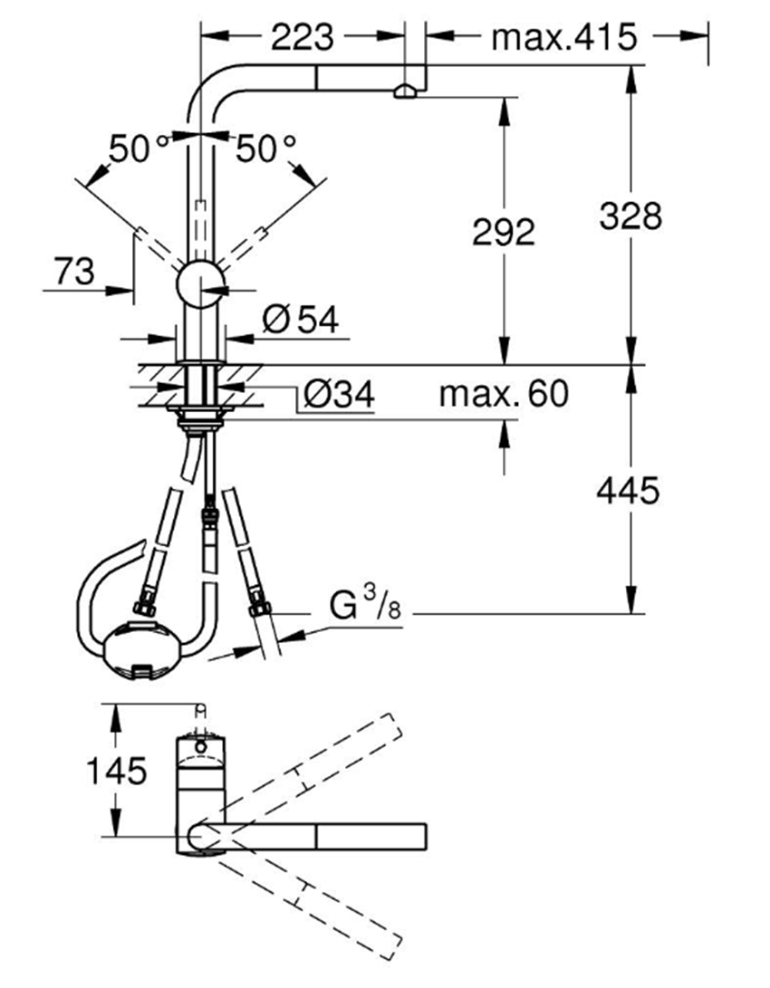 Bateria kuchenna Grohe Vento 30436DC0 rys techniczny