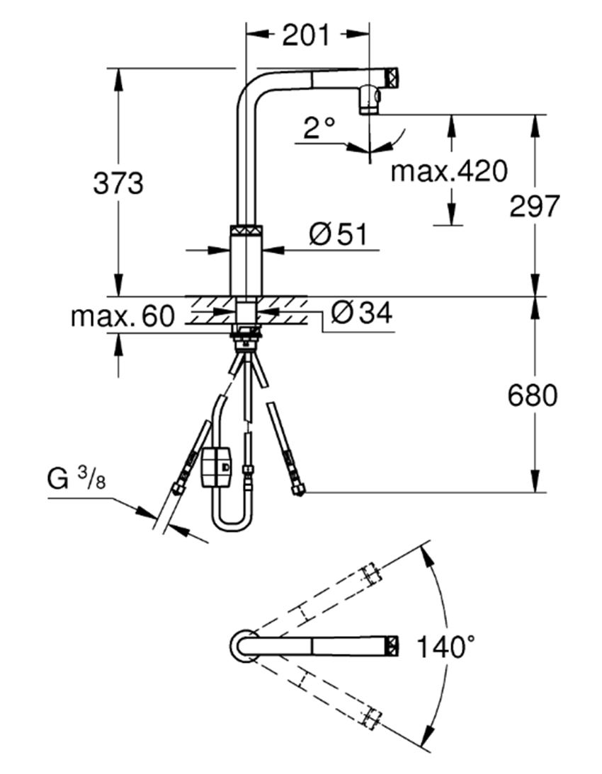 Bateria kuchenna Grohe Minta SmartControl 31889000 rys techniczny