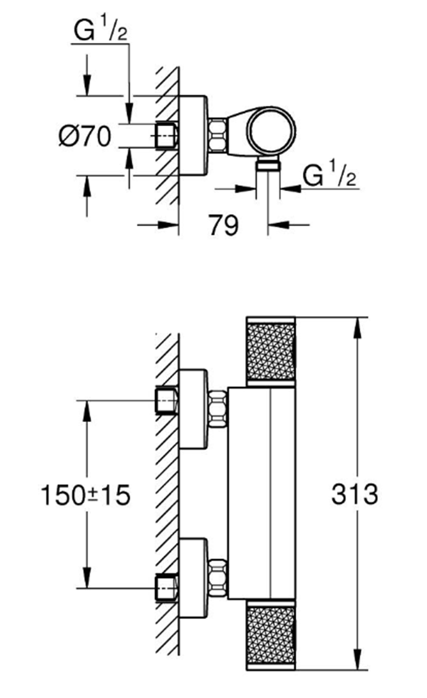 Bateria prysznicowa Grohe Grohtherm 1000 Performance 34827KF0 rys techniczny