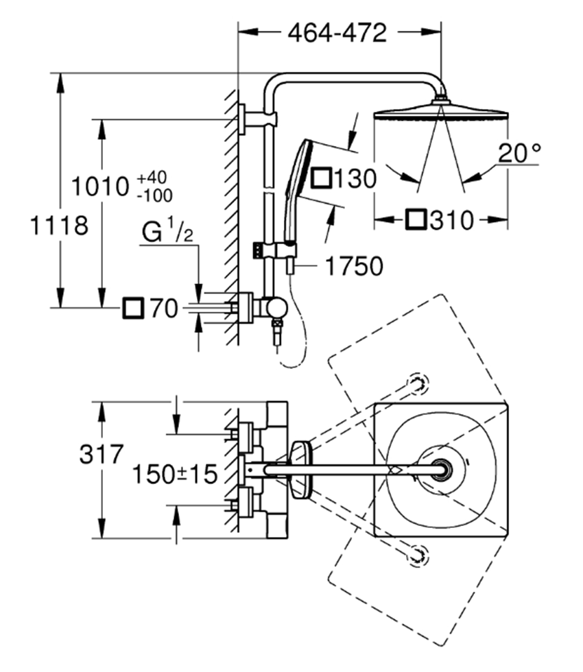 Zestaw prysznicowy Grohe Rainshower SmartActive 310 Cube 26837AL0 rys techniczny