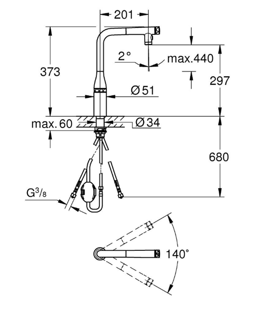 Bateria zlewozmywakowa Grohe Essence SmartControl 31892DC0 rys techniczny