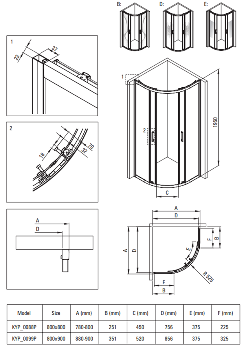 Kabina prysznicowa Deante Funkia Evo KYP 0099P rys techniczny
