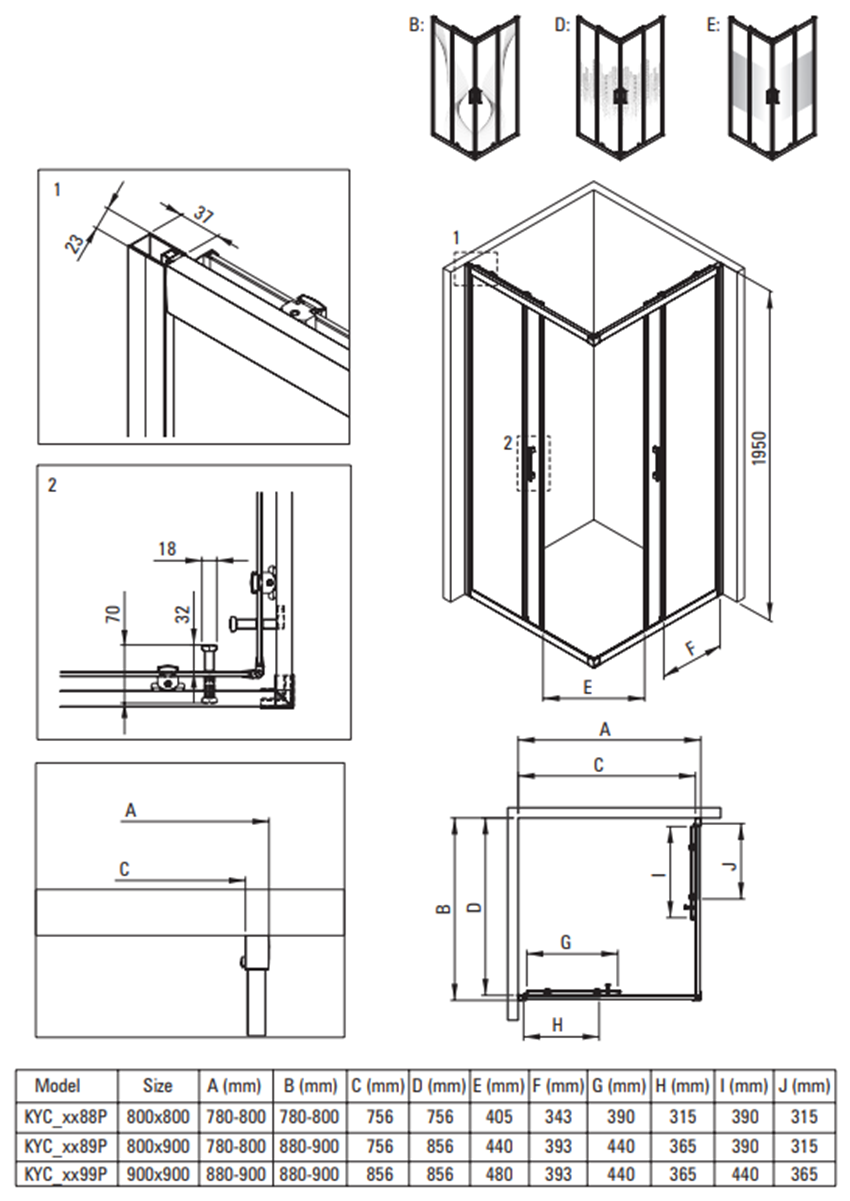 Kabina prysznicowa Deante Funkia Evo KYC N099P rys techniczny