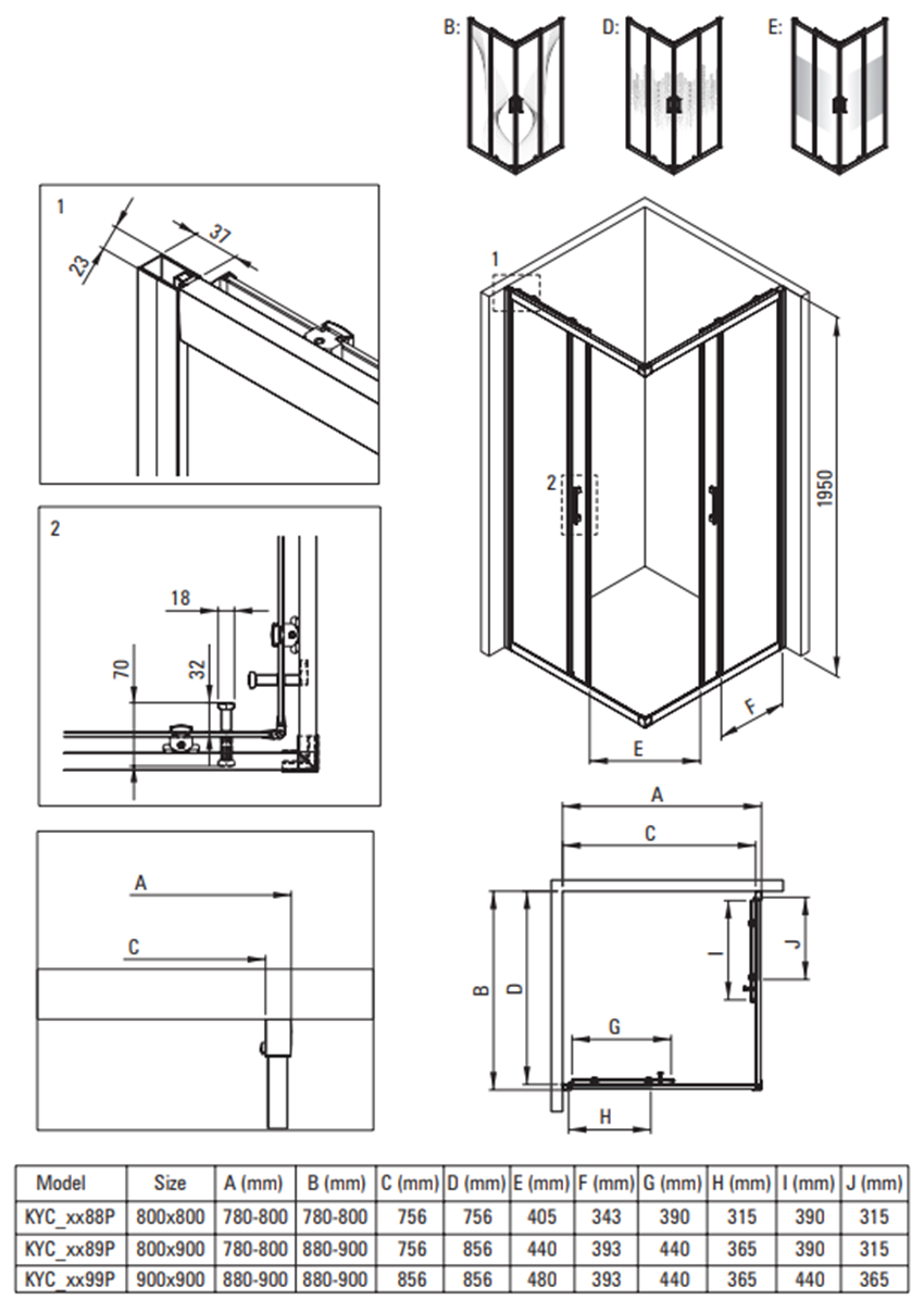 Kabina prysznicowa Deante Funkia Evo KYC D089P rys techniczny