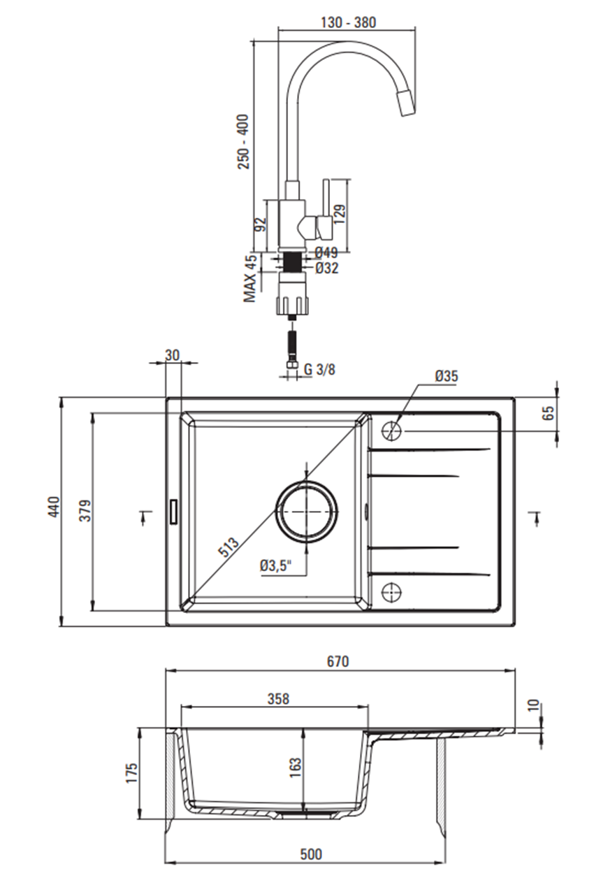 Zlewozmywak Deante Corio ZRCPG113 rys techniczny