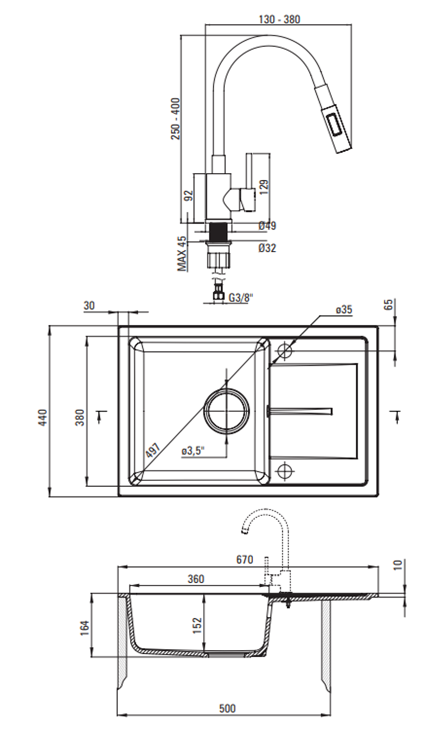 Zlewozmywak Deante Leda ZRDGS113 rys techniczny