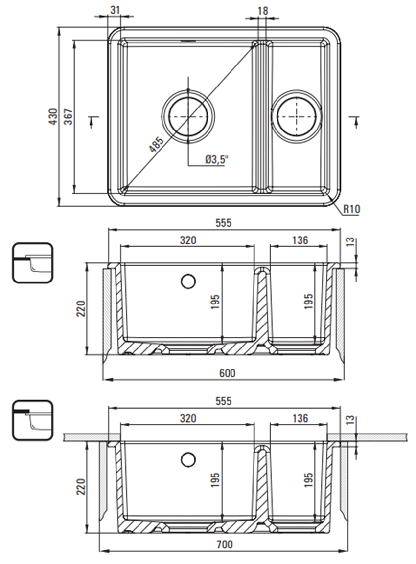 Zlewozmywak Deante Lumi ZCU 6503 rys techniczny