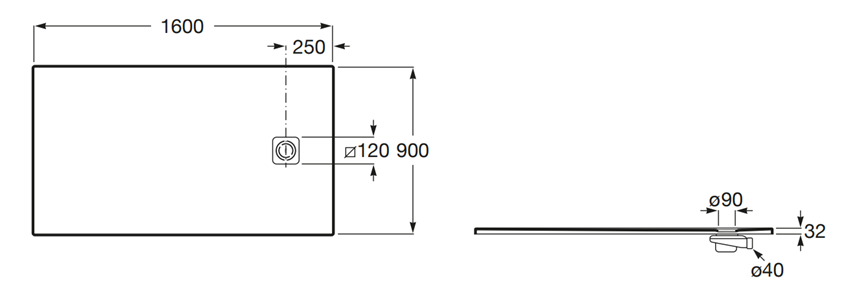 Brodzik prostokątny Roca Magma APE0164038403200 rys techniczny
