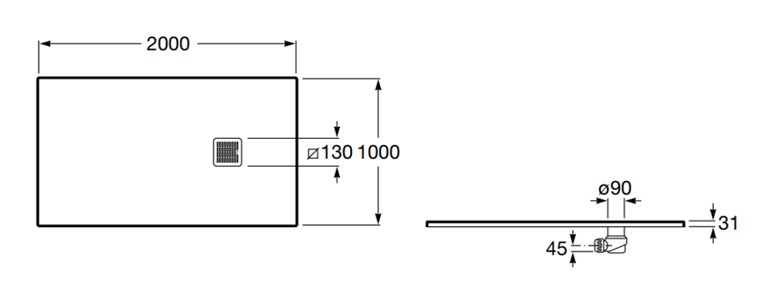 Brodzik prostokątny Roca Terran AP1017D03E801630 rys techniczny