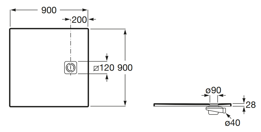 Brodzik kwadratowy Roca Magma APE0138438403630 rys techniczny