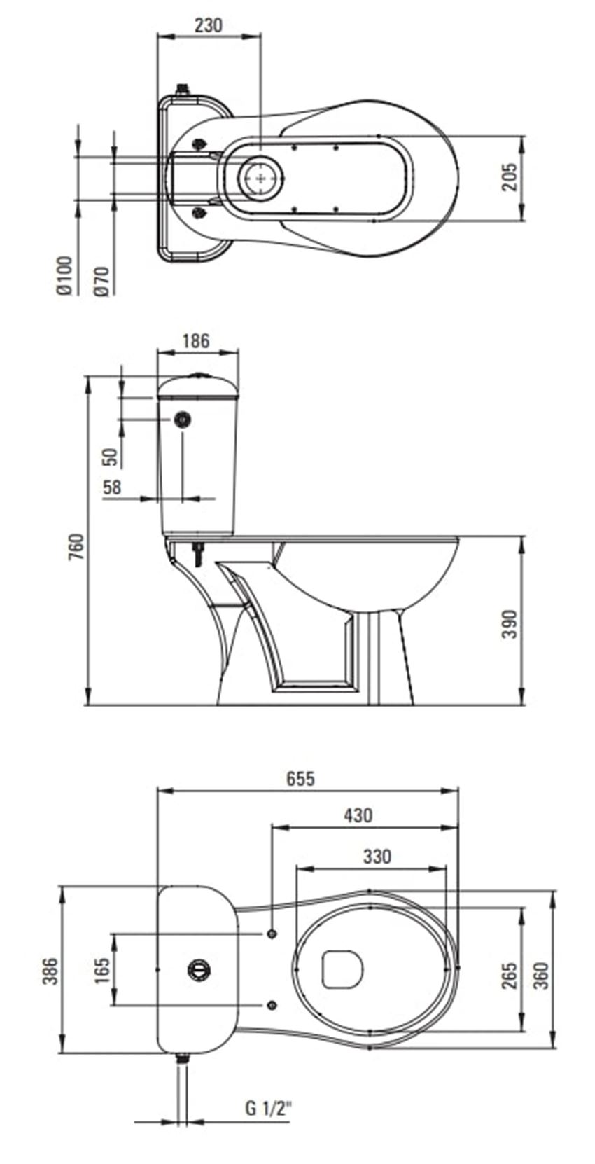 Kompakt wc Deante Funkia CDFD6LSS rys techniczny