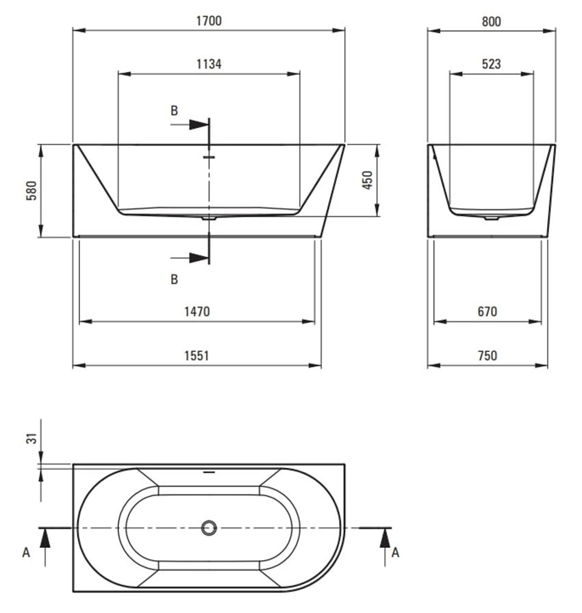 Wanna akrylowa Deante Silia KDS 017L rys techniczny