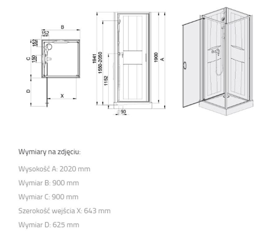 Kabina prysznicowa Sanplast Basic Complete 602-460-0230-01-2H0 rys techniczny