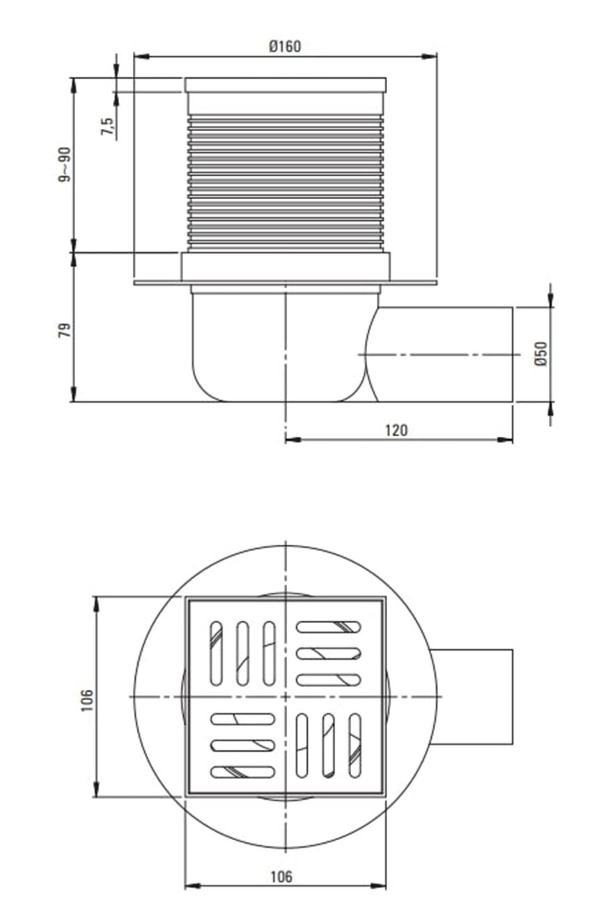 Odpływ punktowy Deante KOS R01C rys techniczny