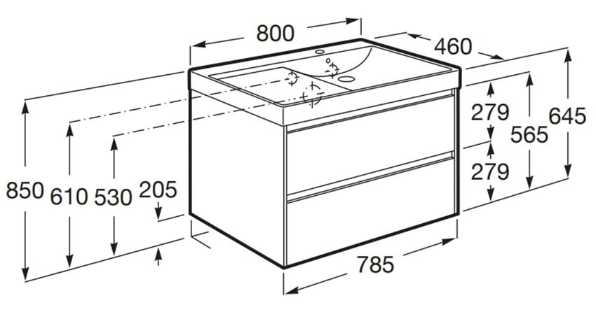 Zestaw łazienkowy Roca Ona A851690509 rys techniczny