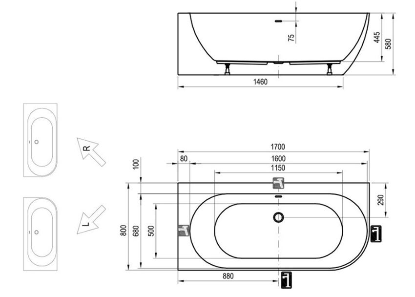 Wanna wolnostojąca Ravak Freedom Corner P XC00100040 rys techniczny