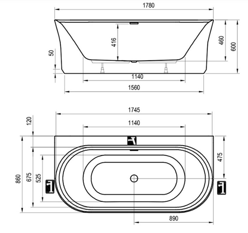 Wanna wolnostojąca Ravak Ypsilon Wall XC00100028 rys techniczny