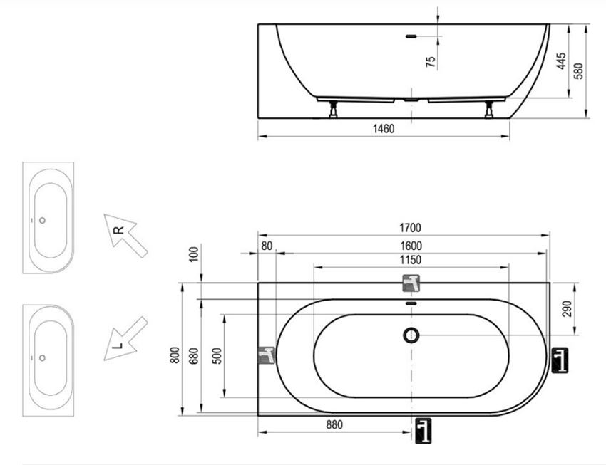 Wanna wolnostojąca Ravak Freedom Corner L XC00100041 rys techniczny