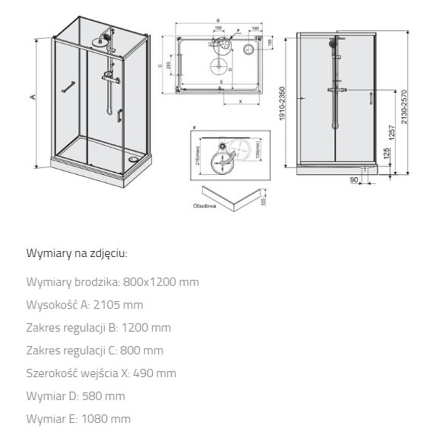 Zestaw kabina z brodzikiem i baterią Sanplast Classic II 602-011-0291-38-4S1 rys techniczny
