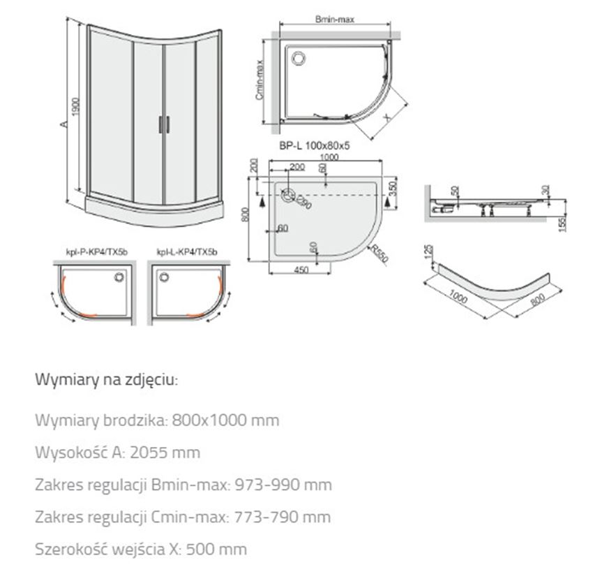 Zestaw kabina z brodzikiem Sanplast TX 602-271-0290-01-401 rys techniczny
