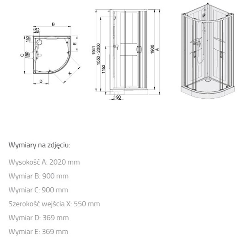 Komplet kabina z brodzikiem Sanplast Basic Complete 602-460-0930-01-4H0 rys techniczny