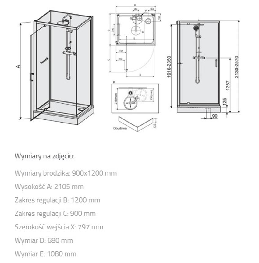 Zestaw kabina z brodzikiem Sanplast Classic II 602-011-0271-01-4B1 rys techniczny