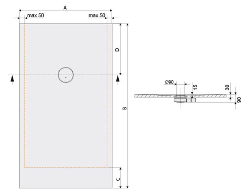 Brodzik prostokątny Sanplast Structure Mineral 645-360-0570-01-010 rys techniczny