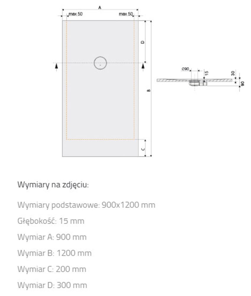 Brodzik prostokątny Sanplast Structure Mineral 645-360-0550-01-010 rys techniczny