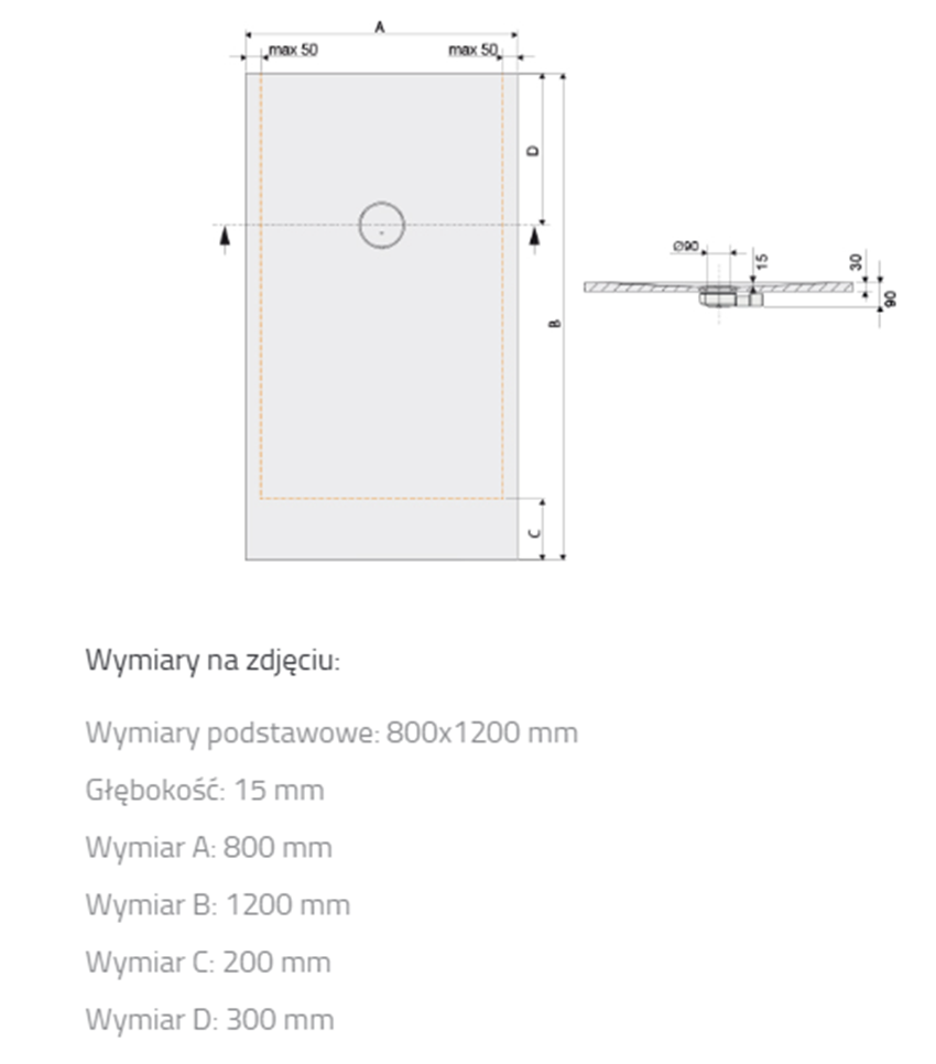 Brodzik prostokątny Sanplast Structure Mineral 645-360-0350-01-010 rys techniczny