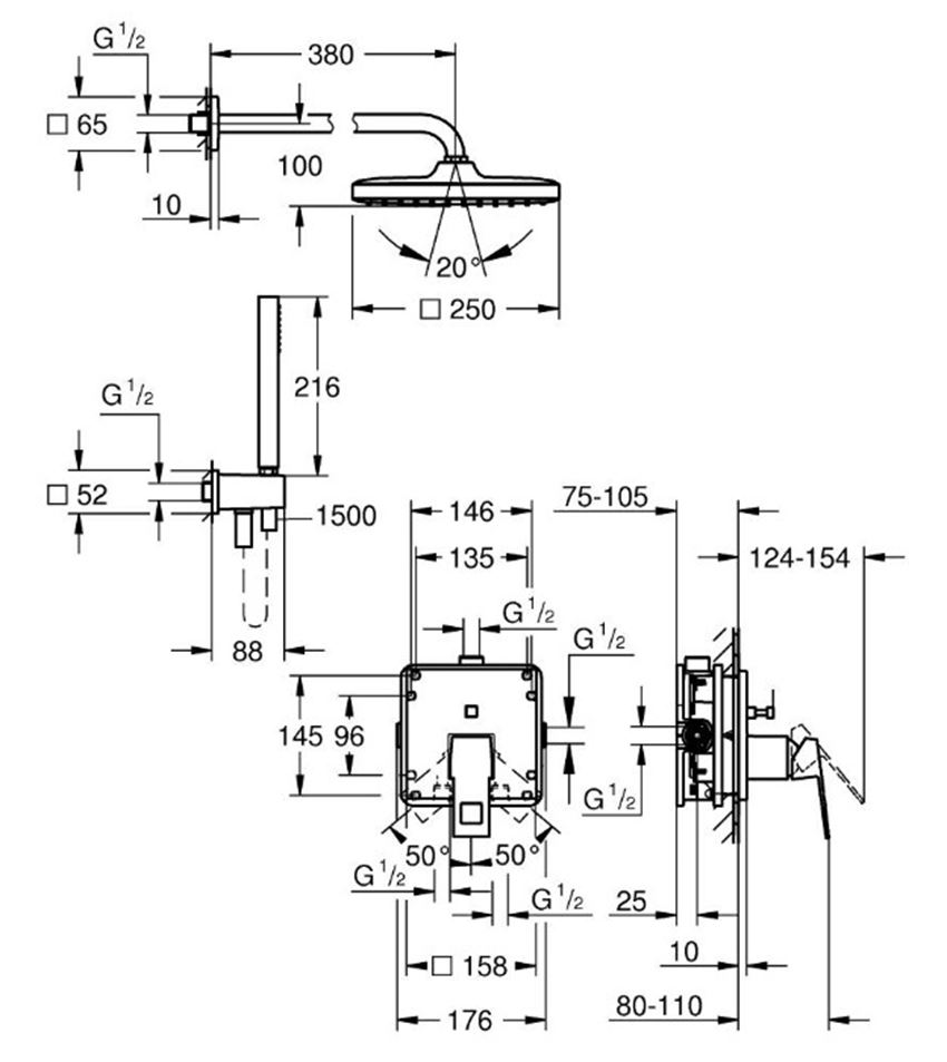 Zestaw prysznicowy Grohe Eurocube 25289000 rys techniczny