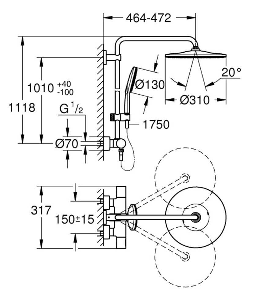 Zestaw prysznicowy Grohe Rainshower SmartActive 310 26836AL0 rys techniczny