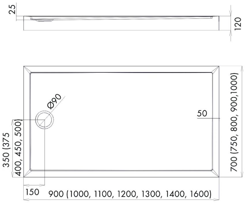 Brodzik prostokątny Schedpol Competia New 3.4842 rys techniczny