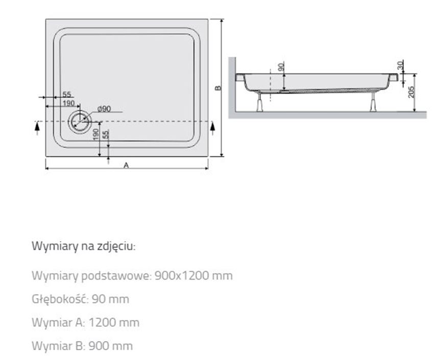 Brodzik Sanplast Free Line 615-040-0590-01-000 rys techniczny