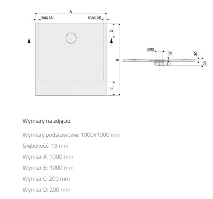 Brodzik kwadratowy Sanplast Structure Mineral 645-360-0040-01-010 rys techniczny