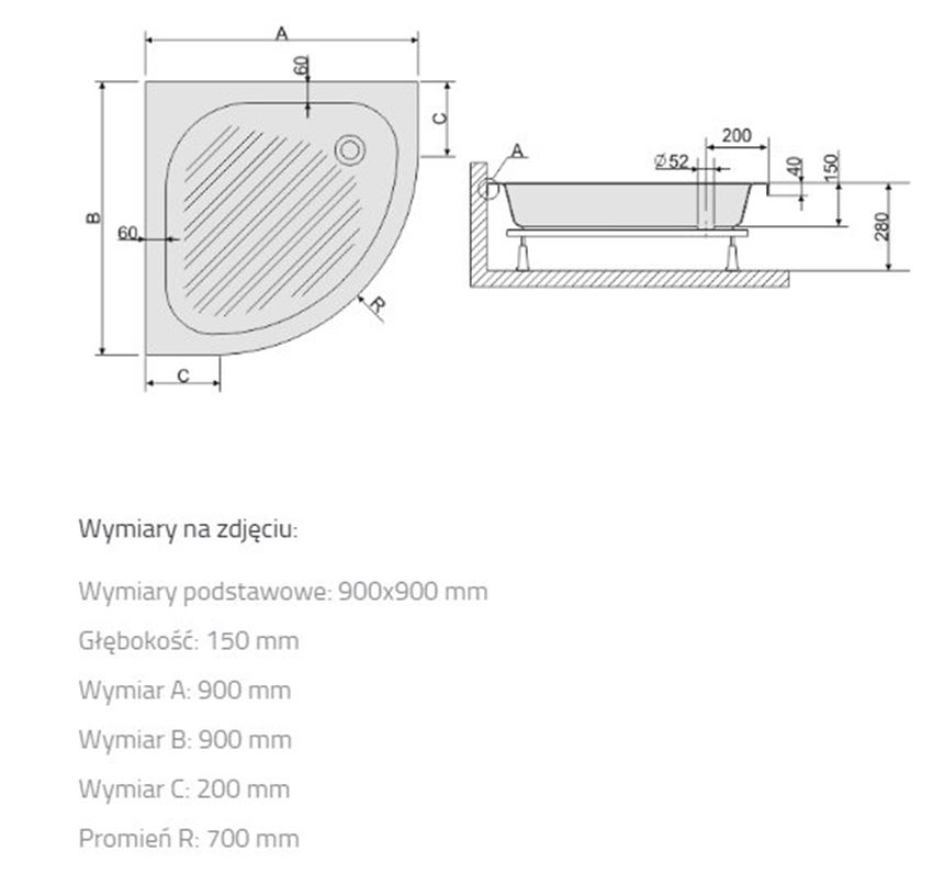 Brodzik Sanplast Classic 615-010-0730-01-000 rys techniczny