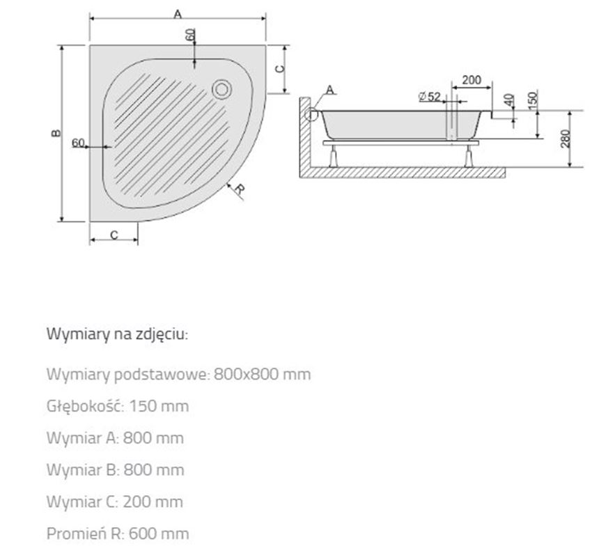 Brodzik Sanplast Classic 615-010-0720-01-000 rys techniczny