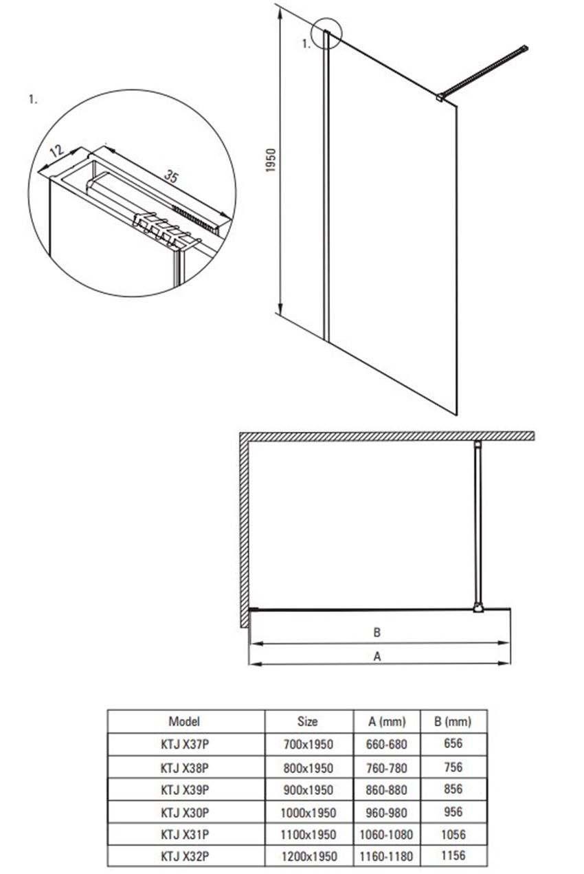 Kabina walk-in Deante Prizma KTJ F32P rys techniczny