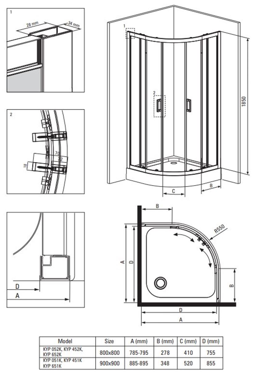 Kabina prysznicowa Deante Funkia KYPZ052K rys techniczny