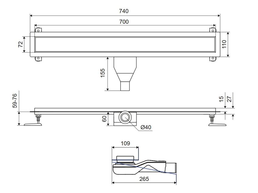 Odpływ liniowy Excellent Stilio INEX.1515.700.P.AB rys techniczny