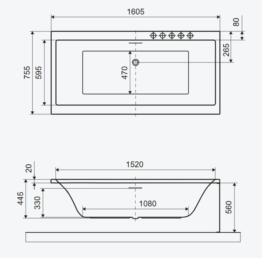 Wanna prostokątna Excellent Pryzmat Slim 2.0 WAEX.PRY2.16WHS rys techniczny