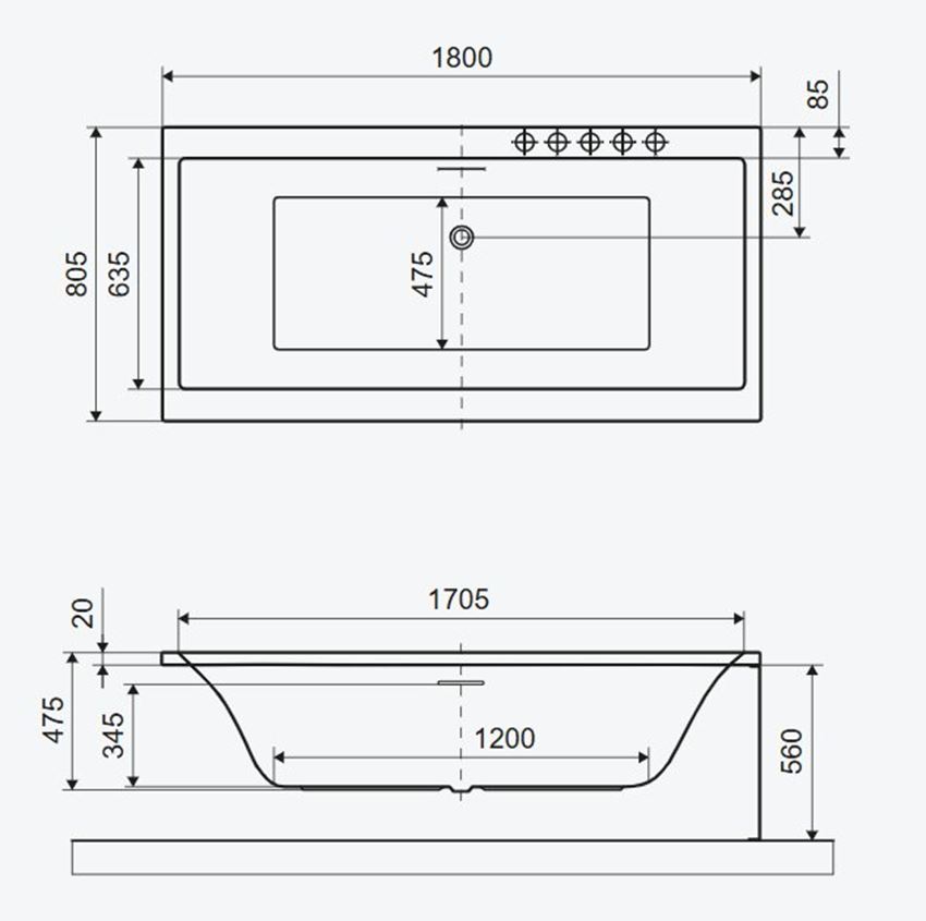 Wanna prostokątna Excellent Pryzmat Slim 2.0 WAEX.PRY2.18WHS rys techniczny