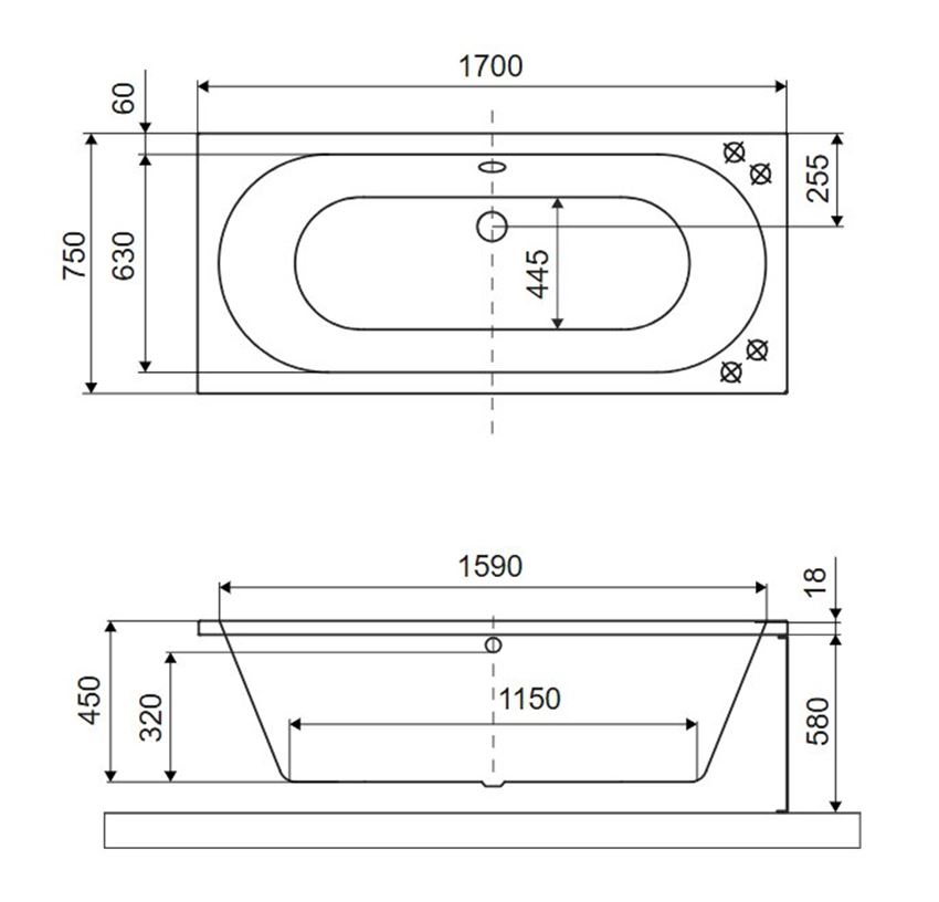 Wanna prostokątna Excellent Oceana Slim WAEX.OCE17WHMS rys techniczny