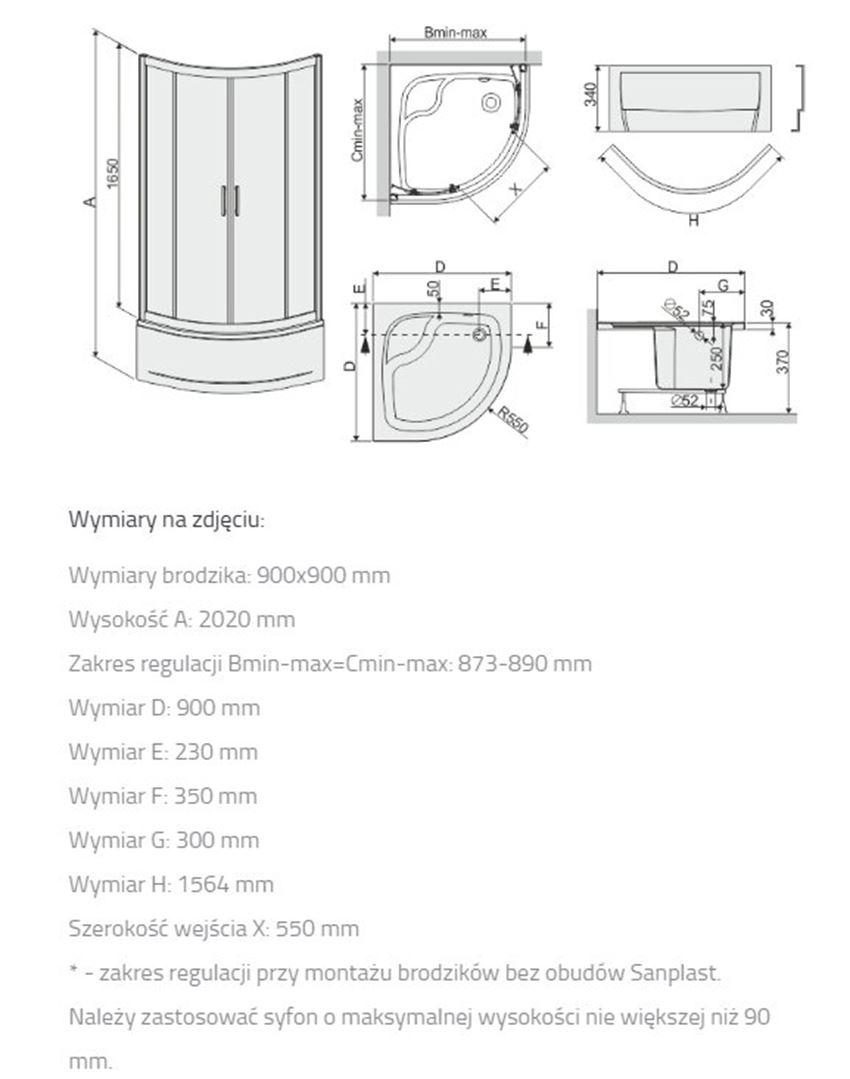 Kabina prysznicowa Sanplast TX 602-271-0362-39-231 rys techniczny