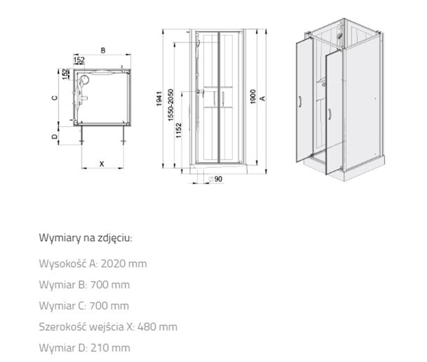 Kabina z brodzikiem Sanplast Basic Complete 602-460-0410-01-4H0 rys techniczny