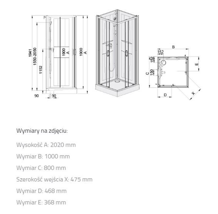 Kabina z brodzikiem Sanplast Basic Complete 602-460-0120-01-4H0 rys techniczny