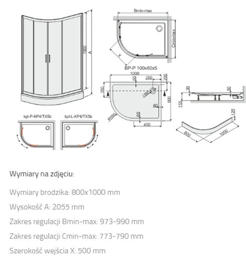 Kabina prysznicowa Sanplast TX 602-271-0300-39-231 rys techniczny