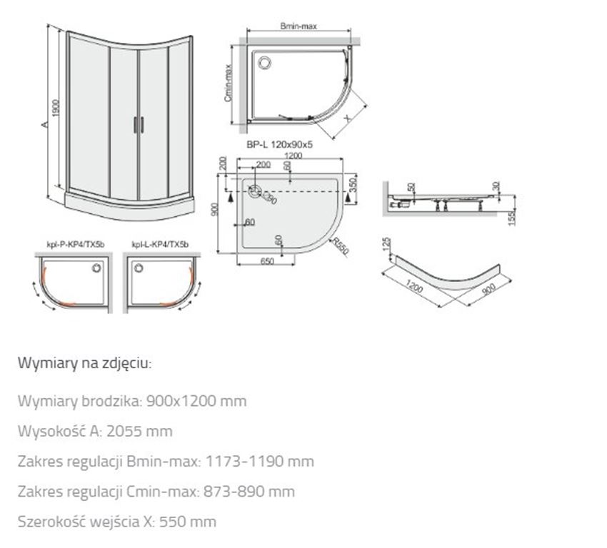 Kabina prysznicowa Sanplast TX 602-271-0310-39-401 rys techniczny