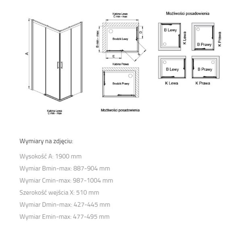 Kabina narożna Sanplast Free Zone 600-271-3710-59-401 rys techniczny